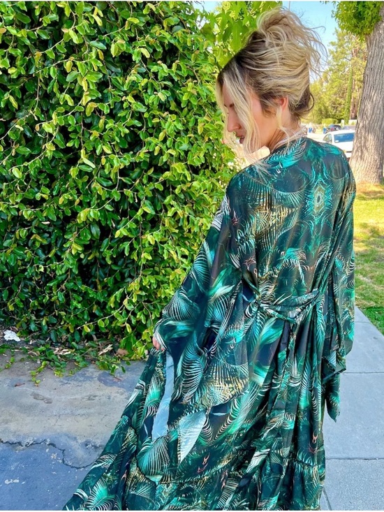 Jackets & Blazers - Flowing Tropical Print Kimono Duster - Emerald Green